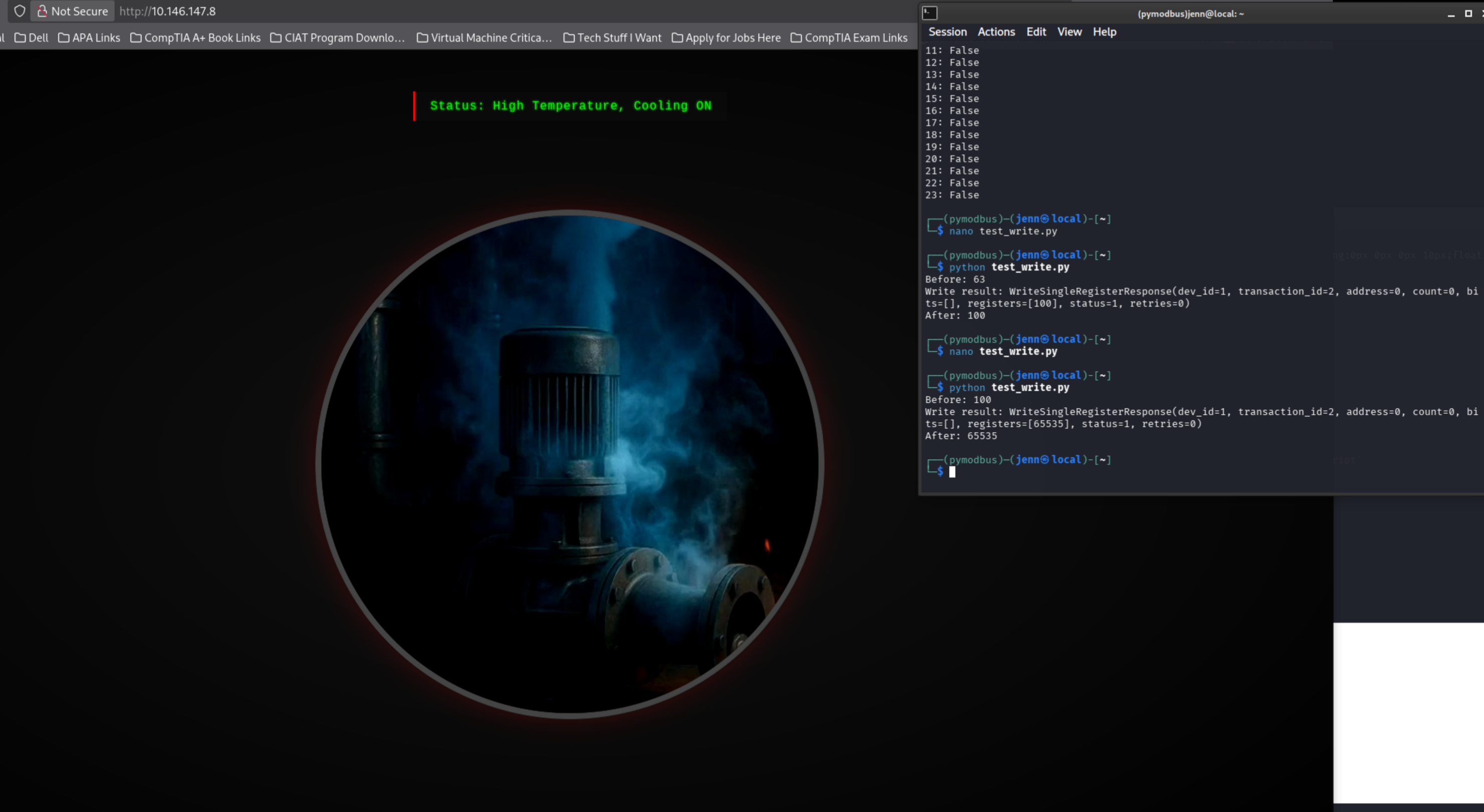 test_write.py output showing register 0 written to 65535